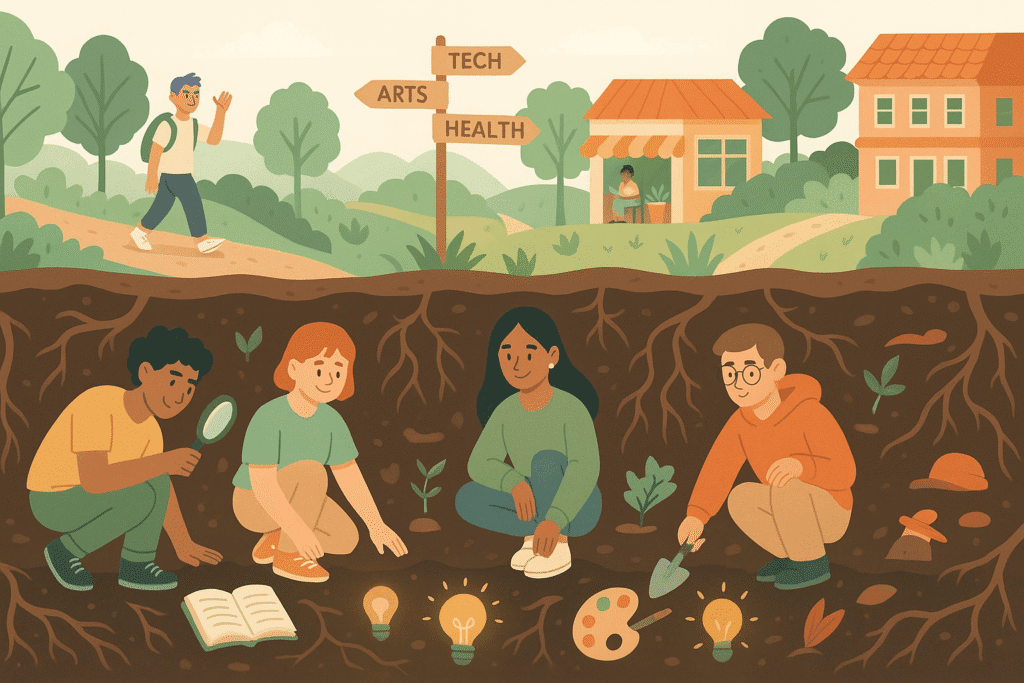 this is a cartoon image dictating young people digging in the roots search for skills and career quiz | inyourroots®