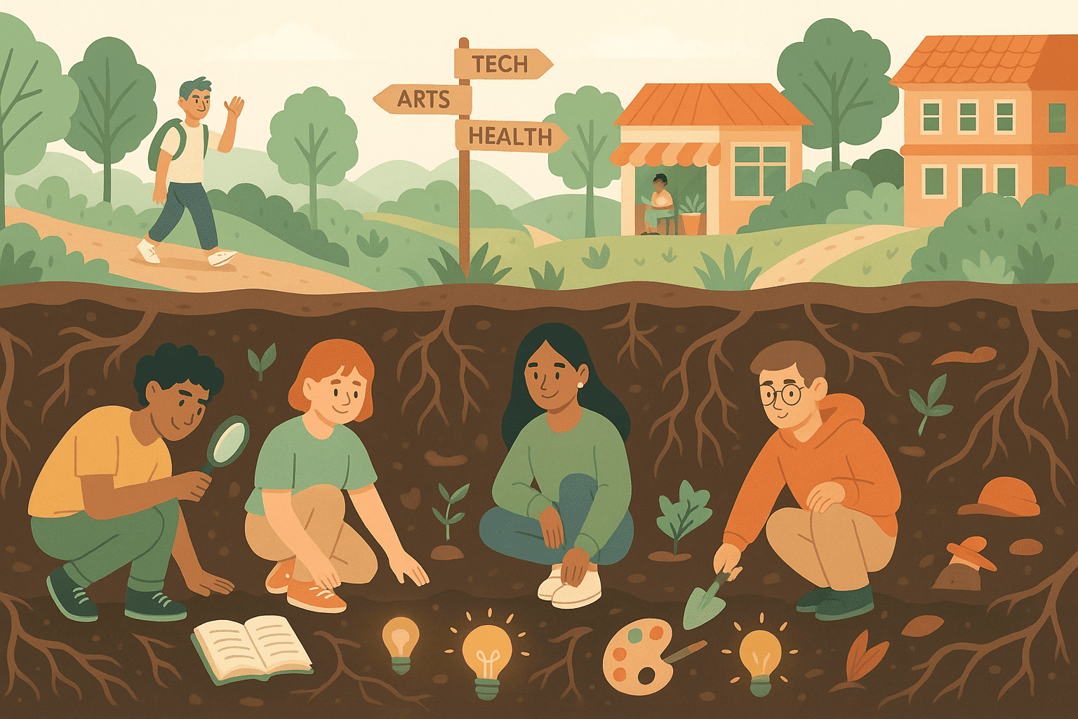 this is a cartoon image dictating young people digging in the roots search for skills and career quiz | inyourroots®