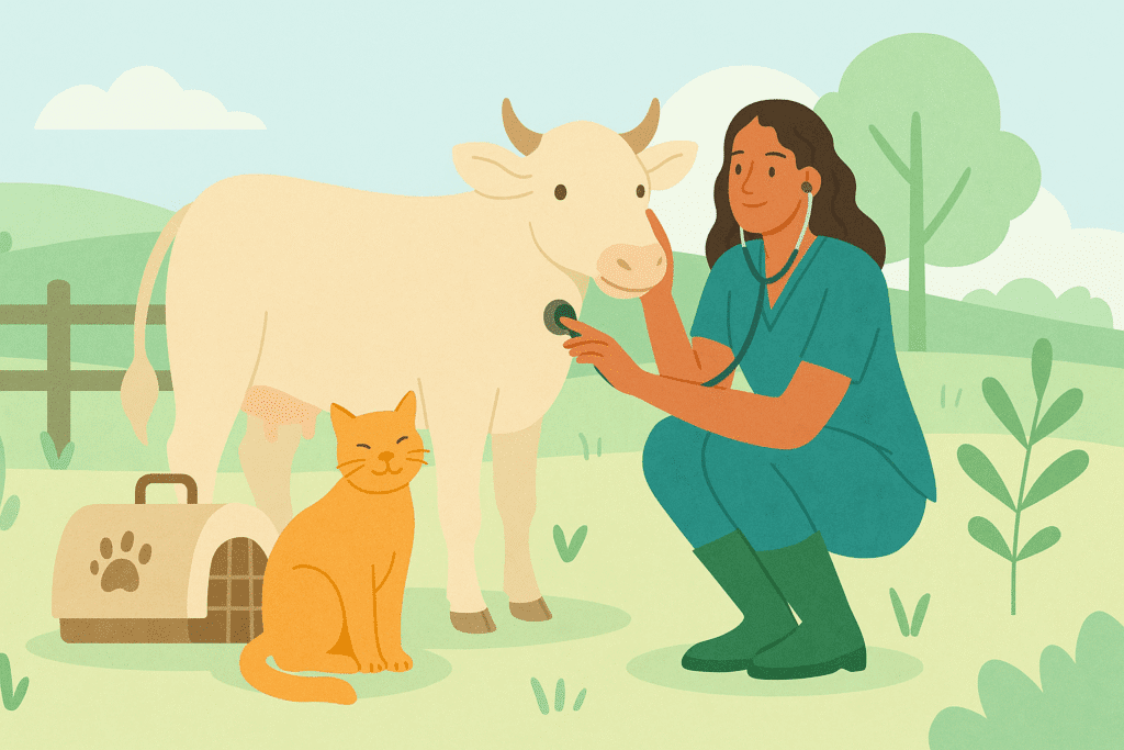 Digital illustration showing a vet working with a cow and cat outside - Animal and Vet Services Industry
