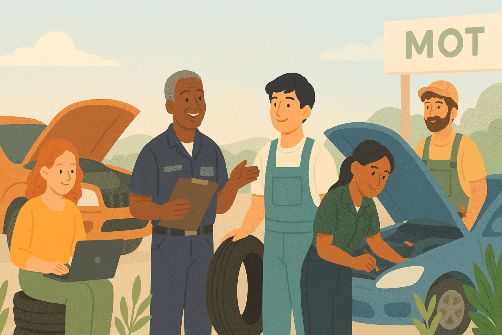 Digital illustration showing mechanics working on cars - Automotive Industry