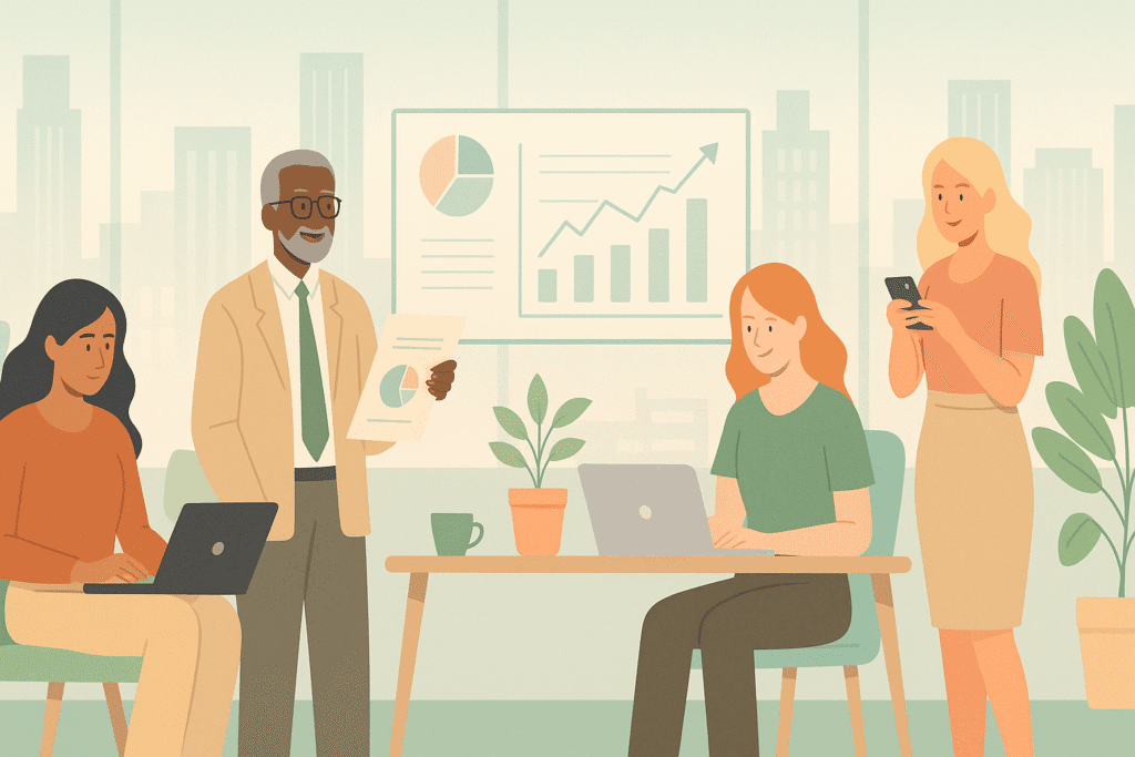 Digital illustration showing people working in an office reviewing data - Banking & Finance Industry