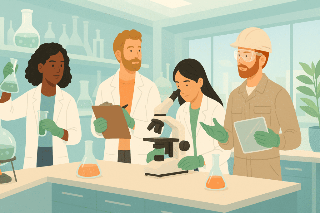 Digital illustration showing people in different chemical roles working in a lab - Chemicals Industry