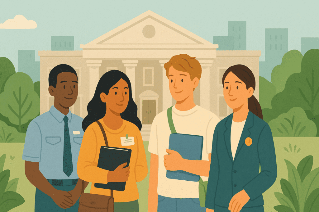 Digital illustration showing people outside a civil service building - Civil Service Industry