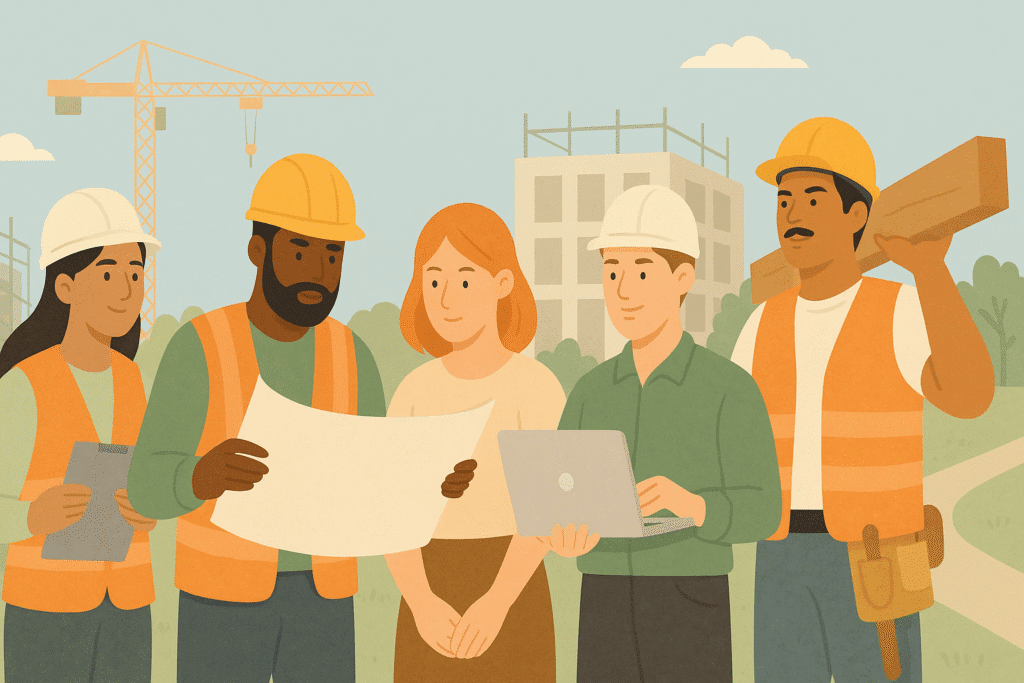 Digital illustration showing people outside working on a construction site - Construction Industry