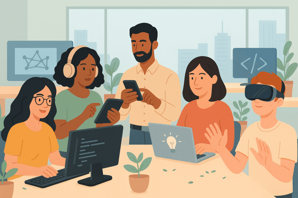 Digital illustration of a team of people working in digital and tech looking at phones, tablets, computers and laptops - Digital and Tech Industry